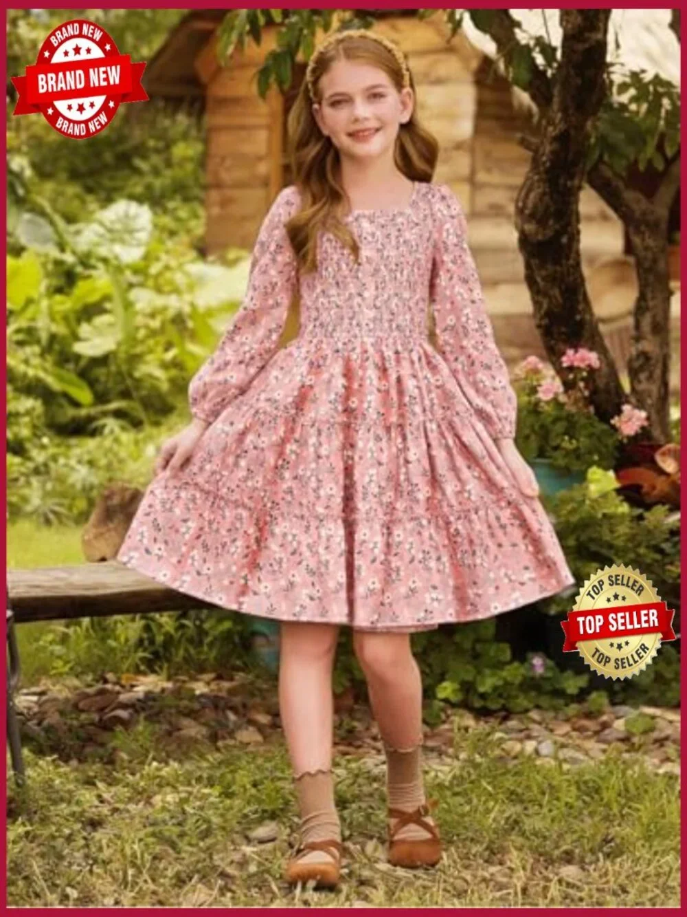 Girls Long Sleeve Square Neck Smocked Tiered A-Line Casual Dress Size 5-14 Fall